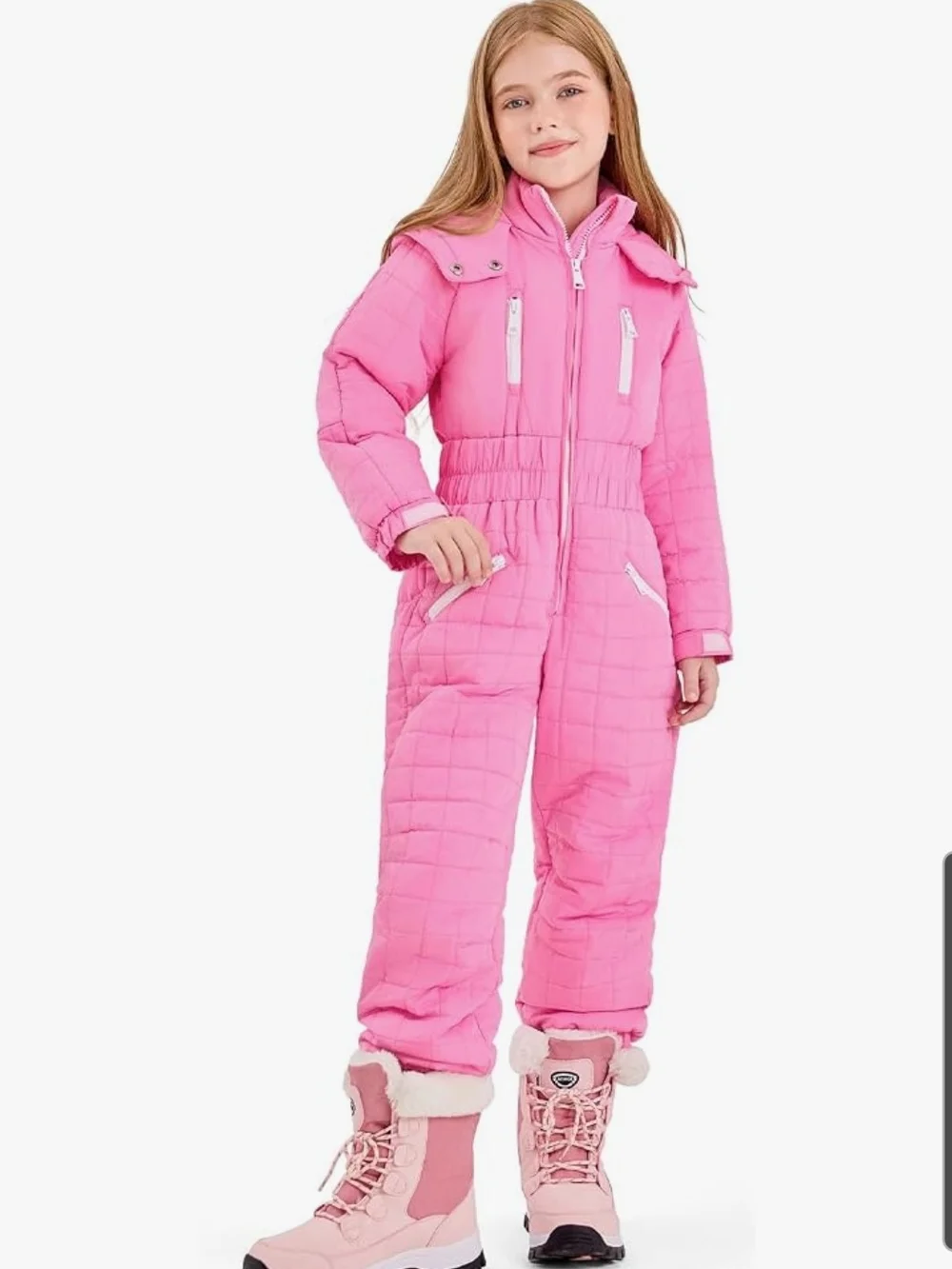 Girls' Pink Quilted Ski Snowsuit Romper with Zipper Pockets 9-10 Year Olds
